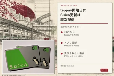 線画、2026年10月20日のteppay開始、モバイルSuicaアプリ更新の順次配信を示す表紙。写真は2026年9月26日のSuicaカード資料写真。
